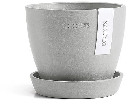 Ecopots Antwerp Mini pot de fleurs, gris clair, diamètre : 11 cm, rond, grand, avec soucoupe, en plastique recyclé, cache-pot moderne, pour l'intérieur et l'extérieur