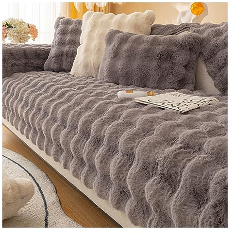Thick Rabbit Plush Sofa Cushion,Cosy Plush Solid Colour Non-Slip Couch Cover,Fluffy Couch Cushion Covers,Garden Chic Cotton Protective Couch Cover For Kids, Pets (Grey,Sofa Cushion 27.5 x 71)