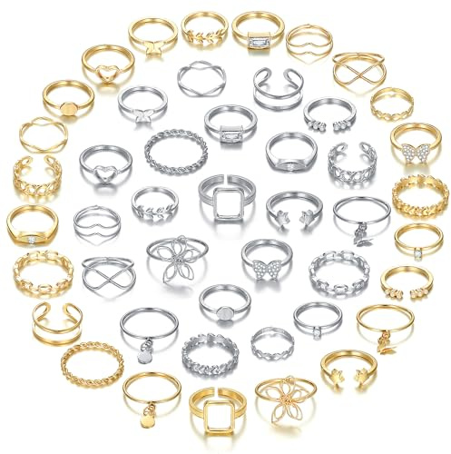ZOVOLI Golden Silvery Knuckle Rings Set for Women, Stackable Rings Bohemian Crystal Hollow Carved Flowers Joint Finger Rings Pack Fashion Jewelry Gifts for Her (46 PCS)