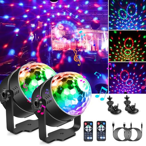 2 Stück Discokugel LED, 360° Rotation Partylicht mit Saugnäpfen y Fernbedienung, Mini RGB Disco lichter Party lights, Stroboskop Ball Musikgesteuert DJ Partylichter für Kinder Halloween Hause Party