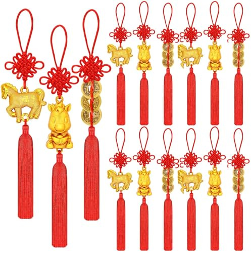 JULMELON 18PCS Chinese New Year Decorations 2026 Year of The Horse Gold Coinages FengShui Hanging Pendants Chinese Knot Good Lucky Charms for Car Ornaments Spring Festival Lunar New Year Wealth