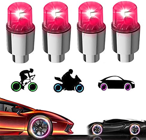 YUERWOVER 4 Pack LED Valve Stem Caps Lights for Car Tires Bike Truck Golf Cart Wheel Assemblies Light up Air Neon Bicycle Motorcycle Tyre for Kids Men Women(Red)