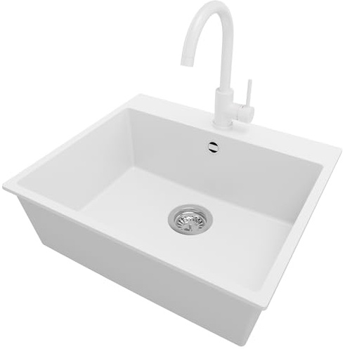 PRIMAGRAN Fregadero Granito al Mueble 60cm + Grifo, 58x50cm | Set: Grifo BW5010 + Kit de desagüe (sifón, válvula, rebosadero) + Riga 1 Seno para Cocina, Blanco