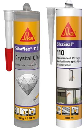 SIKA - Mastic-colle transparent - Multi-usages - Maintien immédiat - Intérieur et extérieur - 290ml + Mastic Silicone pour joint de menuiserie & vitrage - Multi-supports - Transparent - 300ml