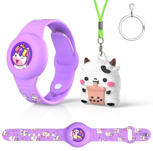 1pc Bracelet étanche et 1pc Pendentif Coque de Protection pour Apple Airtag, Enfants Apple Airtag IP53 Protection Anti - Perte GPS Tracking Corps Entier Mignon Animation Silicone Violet,Blanche