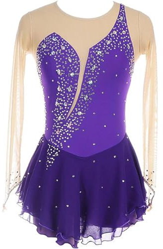 SHAIRMB Langarmshirt für Damen Eiskunstlaufkleid, Gymnastik-Jersey-Kleid, Ballett-Tutu Rock Tanzbekleidung, Tägliches Tragen Eiskunstlaufkleid, Wettkampf-Eislaufbekleidung,Lila,3XS