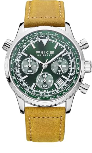 FEICE FK812 Classic Fashion Elegant Chronograph Watch Casual Sport Leather Band Mens Watches Multifunctional Vintage Green Watches, Green, Classic