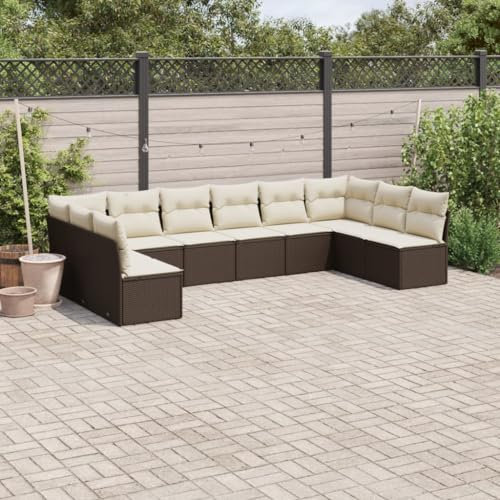 Rantry 10-TLG. Gartenmöbel Set mit Kissen Gartensofa Balkonmöbel Gartenlounge Loungesofa Rattansofa Modular Ecksofa Ecklounge Sitzgruppe Sofagarnitur Loungemöbel Braun Poly Rattan