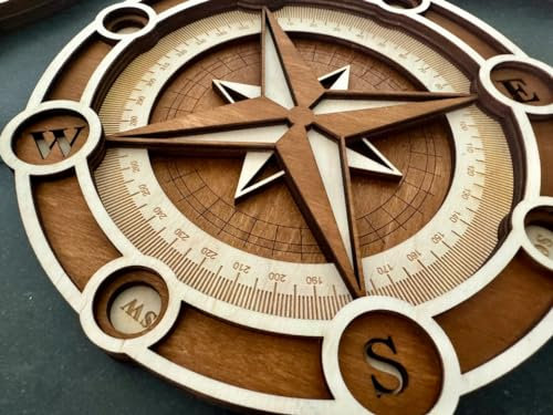 Kompass Windrose 3D Wandbild aus Holz, Kreuzfahrt & Meer Motiv - Größe L (40cm Durchmesser) Farbe: Nussbaum
