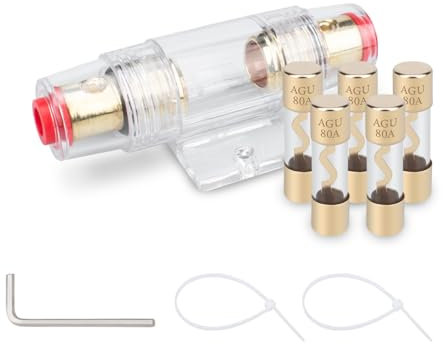 Innfeeltech 5 piezas de vidrio chapado en oro 80A fusible AGU para la seguridad de audio y alimentación de automóviles con 1 pieza de oro en línea fusible AGU titular