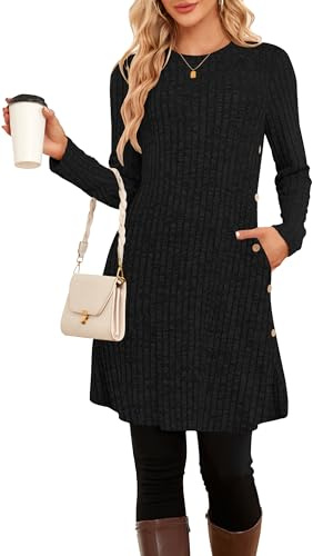 SENBATU Jumper Dress Ladies Long Sleeve Dresses for Women UK Side Buttons Tunic Dress with Pockets Black Large
