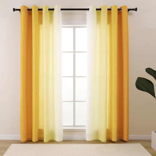 L.Z.E Gardinen Sichtschutz Lichtdurchlässig Vorhänge Gold mit für Wohnzimmer Schlafzimmer Gardinen Vorhang Gold Weiß Farbverlauf 2er Set Privatsphäre Ösenschal mit Ösen 245 cm Lang Dünn