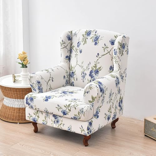 Highdi Wingback Chair Covers 2 Piece Chic Floral Stretch Wing Chair Cover Sofa Cover Armchair Slipcover Washable Non Slip Furniture Protector for Living Room Bedroom Hotel (Blue Flowers)