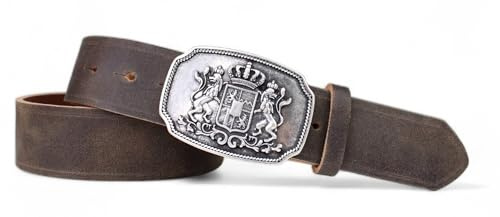 FRONHOFER Trachtengürtel Ledergürtel Vollrindleder 4 cm breit 4 mm stark, Gürtelschnalle Altsilber 8 x 5,5 cm zwei Löwen mit Bayern Wappen, Bundweite 95-120 cm, Lederhose, Made in Germany