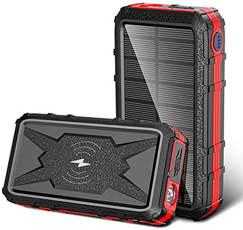Solar Charger, Solar Power Bank Qi Wireless Charger Powerbank External Battery Portable Outdoor Waterproof Power Bank,Red