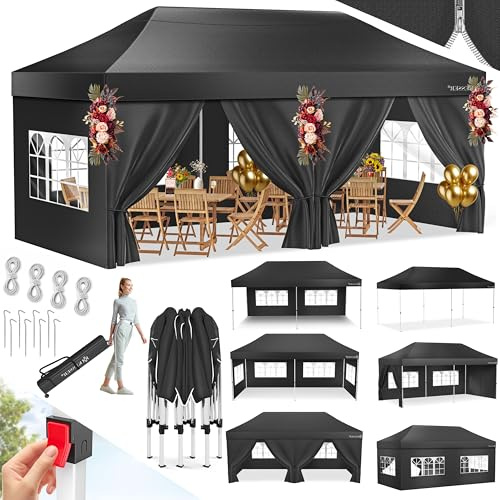 KESSER® Pavillon Faltpavillon 6x3m Festzelt mit 6 abnehmbaren Seitenwänden, Gartenzelt Höhenverstellbar & Wasserdicht + Tasche Rollbar Bodenanker Pop-Up Klicksystem UV-Schutz 50+ Partyzelt Schwarz