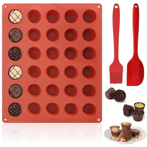 30 Mulden Schokoladenform Silikonform - Pralinenform Silikon mit Ölpinsel und Schaber Antihaftbeschichtet Silikon-Backformen Süßigkeitenformen Silikonformen für DIY Schokolade Praline Süßigkeiten