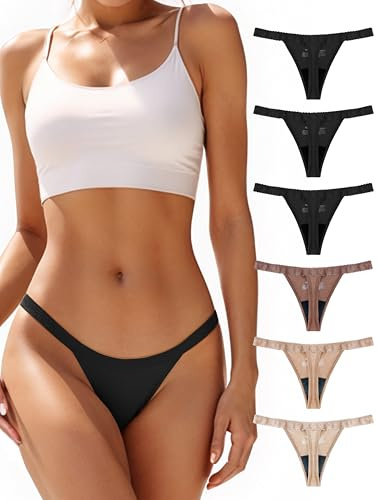 TIICHOO Periodenunterschwäsche String Sexy Spitze Menstruationsunterwäsche Perioden Unterwäsche Thong Tanga 6er Pack(L, 3 Schwarz/Braun/Nude/Beige)