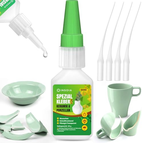 Keramik & Porzellan Kleber Extra Stark Wasserfest – 30g Set mit Sekundenkleber， hitzebeständig & spülmaschinenfest – Super Spezial Kleber für Porzellan & Ton – Transparent & Anti-Austrocknung