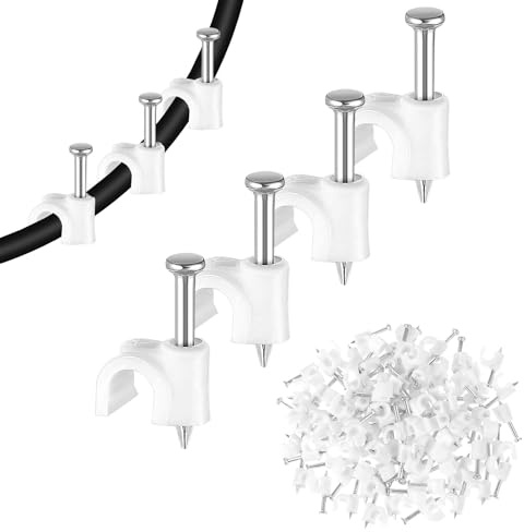MBAIYO 100 Pack Cable Clips with Steel Nails, 4mm White Round Wire Clips, Ethernet Coaxial Cable Clip Cord Clip for Wires on Wall Cables Management Organizer(Compatible with Wire Diameter ≤4mm)
