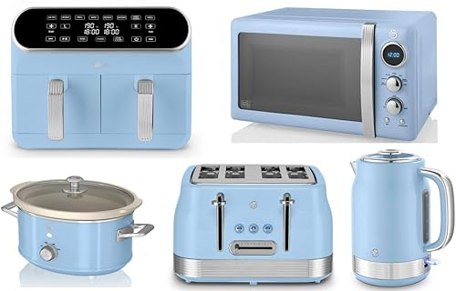 Swan Retro Revive Blue 1.7L Jug Kettle, 4 Slice Toaster, Retro 800W 20L Microwave, 8L Dual Basket Air Fryer and 3.5L Slow Cooker. Matching Retro Design Kitchen Set in Blue with Chrome Accents