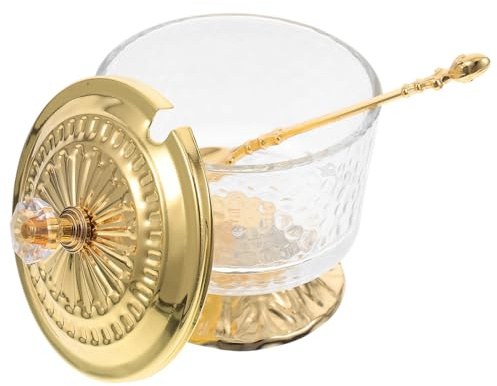 Uonlytech Sucrier en Verre Transparent avec Couvercle et Cuillère Pot à Sucre Multifonction Cuisine et Salon Récipient Décoratif Vintage en Fer Forgé Rangement Sel et Épices