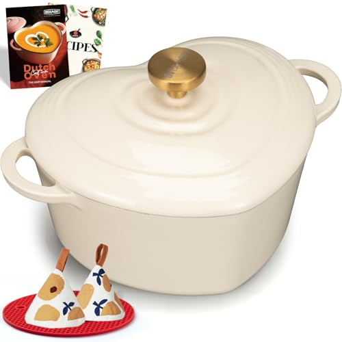 Overmont Pentola in Ghisa Smaltata a Forma di Cuore - 1.89L Casseruola con Coperchio e Libro di Ricette - Per Cucina, Forno, Stufare e Arrostire - Regalo Matrimonio e Festività - Bianco