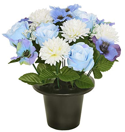 Premium Artificial Grave Flowers – 25cm Blue Rose With Chrysanthemum & Pansy | Memorial Vase Pot
