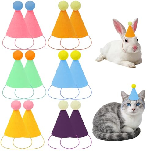 12-pack Mini Partyhattar för Gosedjur och Husdjur, Färgglada Filthattar med Pompoms för Små Hundar, Katter, Kaniner, Födelsedagsdekorationer, Återanvändbara Festrtillbehör