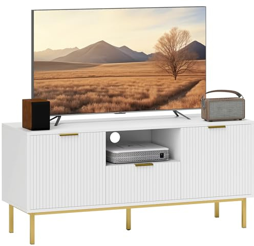 HOMCOM Meuble TV 120 cm pour Téléviseur Jusqu'à 50 Pouces Tiroir Blanc | Meuble Télé, 2 Portes à Fermeture Douce, Compartiment Ouvert, Pieds en Acier, Banc TV, Salon, Chambre