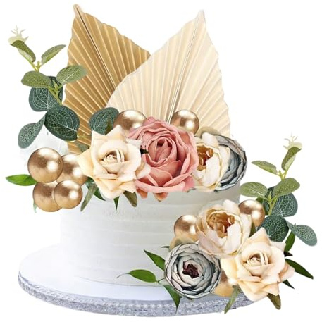 28 Pcs Gold Cake Decorations, Rose Artificial Flower Leaves Cake Decorations, Paper Palm Fan Cake Topper for DIY Birthday Party Wedding Valentine's Day