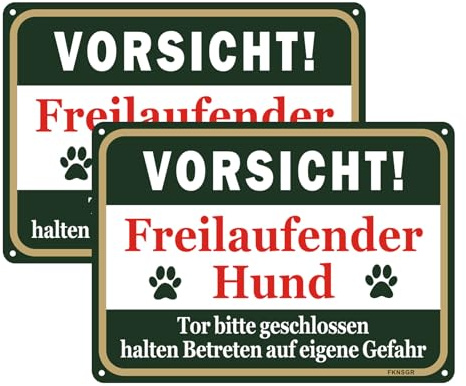 FKNSGR Vorsicht Freilaufender Hund Schild 2er Pack 25x18 cm Aluminium | Tor bitte geschlossen halten Betreten auf eigene Gefahr mit 4 Bohrlöchern Wetterschutzschild für Privatgelände