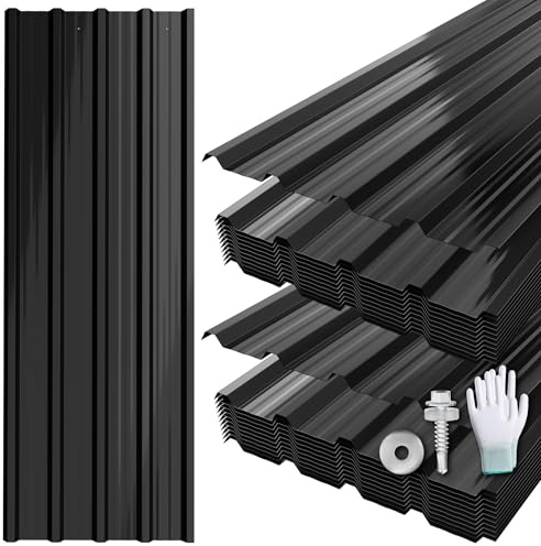 Suusolny 24er Set Profilblech mit Handschuhe & Schraube Verzinkter Stahl Trapezblech Dachblech mit Struktur 14 m² Dachplatten Wetterfest Rostresistent Wellblech für Gerätehaus Carport - Schwarz
