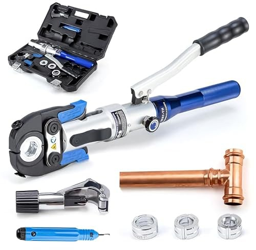 Hydraulic Propress Tool with Crimping Jaws, Pipe Cutter & Deburring Tool for Plumbing, Narrow Spaces & Tee Fittings - Stainless/Copper Tube Press Pliers