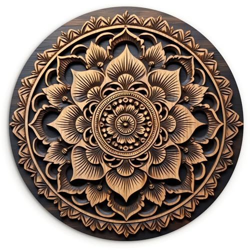 MuchoWow© Wandkreis Ø60 cm Deko Wohnzimmer Bilder Gross Modern Dekoration | Wanddekoration Zimmerdeko Bild Küche Wanddeko Wandbild Living Room Mandala - Holz - Blumen - Braun
