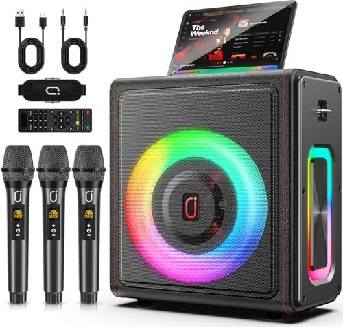 HWWR Karaoke Professional, Altavoz Bluetooth 5.3 portátil, Karaoke 3 micrófonos inalambricos, Karaoke Altavoz de Cuero Vintage de 300W con corrección de Tono, Soporte para Tarjeta TV/TWS/TF/USB/AUX