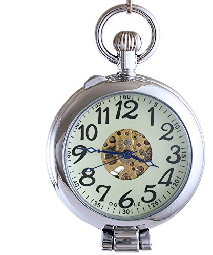 Ogle - Reloj de bolsillo mecánico con lupa de plata resistente al agua, con cadena luminosa, con mecanismo de esqueleto automático
