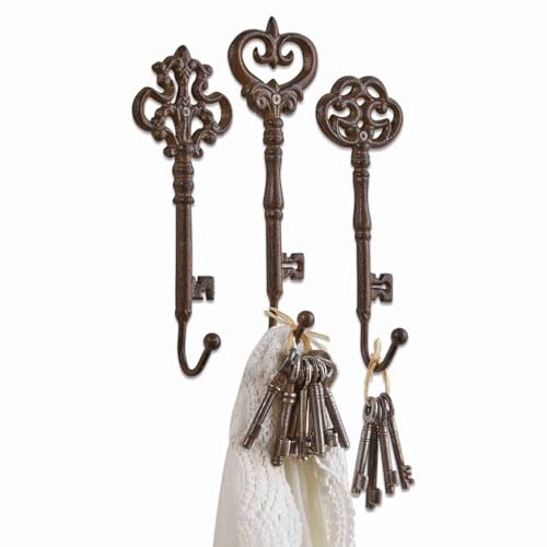 Loberon Haken 3er Set Glennbrook, braun | Unterschiedliche Designs, Antike Schlüsselform, Romantischer Charme, Ordnungshelfer, Gusseisen
