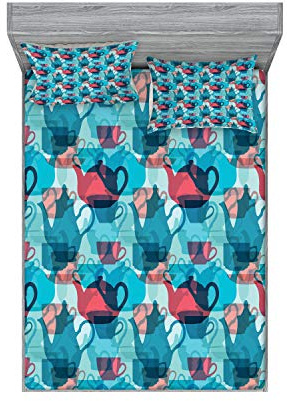 Ambesonne Tea Party Fitted Sheet & Pillow Sham Set, Crockery Composition Abstract Overlapping Silhouettes Teapot and Cups, Decorative Printed 3 Piece Bedding Decor Set, Queen, Dark Coral Pale Blue