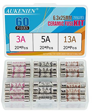 AUKENIEN 3 Values 60pcs BS1362 Fuse 3A 5A 13A 240V 3 5 13 Amp 240 Volt Fuses Assorted Household UK 6.3x25 mm 0.248x0.984 Inch Ceramic Tube Fuses Assortment Kit for Mains Plug