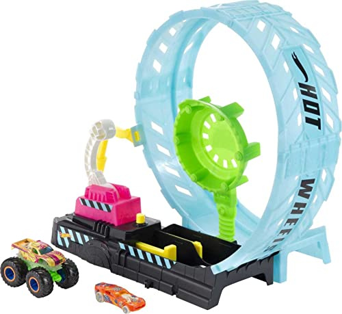 Hot Wheels Monster Trucks Glow Reto looping Extremo Pista de Coches de Juguete, Incluye 1 vehículo (Mattel HBN02)