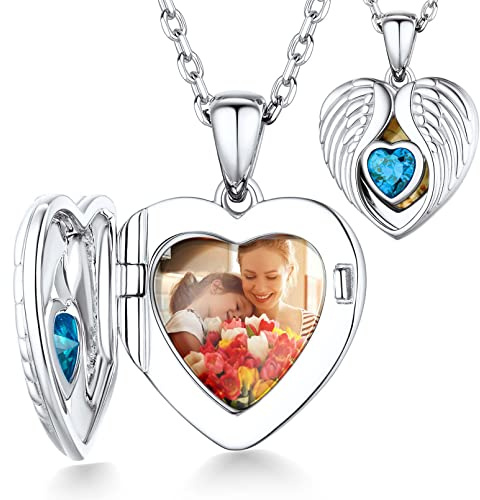 Custom4U Anpassbare Herz-Flügel Foto Medaillon zum Öffnen mit Geburtsstein S925 Silber Photo Amulett Anhänger Halskette für Damen Frauen mit Motiven-Gravur in Weißgold mit 46cm Kette