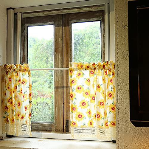 A.Monamour Tenda Corta per Finestra Piccola 2 Pannelli in Cotone Lino Giallo motivo Girasoli Acquerello Mezza Tenda Mantovana
