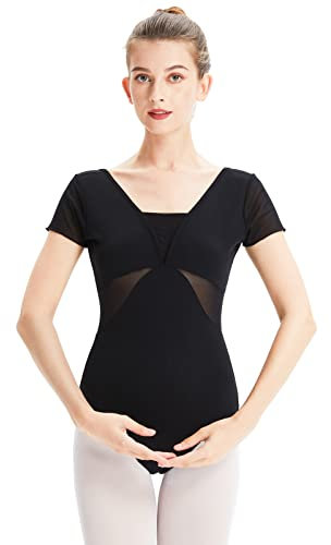 boruizhen Ballett Trikot Damen Turnanzug Mädchen Kurzarm Gymnastikanzug Mesh Tanztrikot mit BH-Pad Schwarz,L