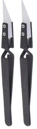 sourcing map 2pcs Precision Reverse Ceramic Tweezer 5.39x0.35 Tilted Head Tip Heat Resistant Non Conductive for Electronics Soldering Tool, Black