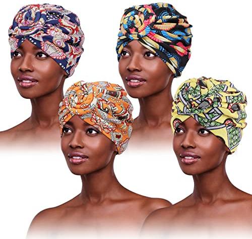 Turbantes de 4 Piezas para Mujer, Turbante Suave con Nudo Preatado, Gorro, Gorro, Urdimbres para el Cabello, Turbante Plisado, Envoltura para la Cabeza para Mujer, Gorro para Dormir de Quimioterapia