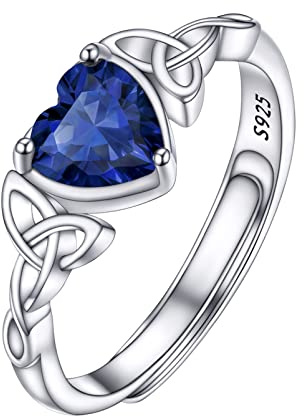 PROSILVER Adjustable 925 Sterling Silver Ring for Women Heart Solitaire Cubic Zirconia Birthstone Open Thumb Rings, Celtic Jewellery for Ladies Girls with Gift Box