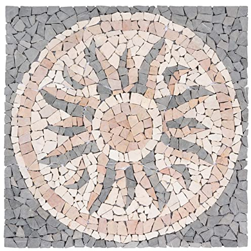 DIVERO Fliesen Rosone Sonne Naturstein Mosaik Marmor dekorativ grau-rosé-creme 90 x 90 cm Bodenfliese Dekor-Fliese Fliesenbild