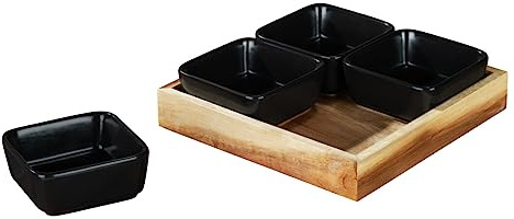 WENKO Bols à trempette avec plateau mod. Elo 5pcs Noir Céramique pour snacks dips et antipasti FSC bois d'acacia idéal pour les fêtes BBQ Dimensions 19 x 19 x 5 cm