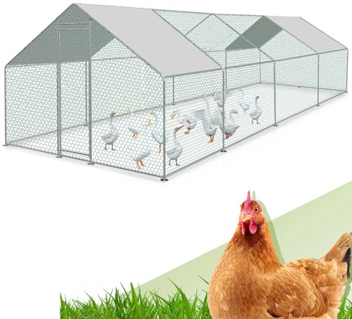 Randaco 3x8x2m Freilaufgehege Hühnerstall, XXL Verzinkter Stahl Hühnerhaus Dach Geflügelstall mit Sonnenschutzdach und Tür für Haustierkäfig Vogelkäfig Kleintiere, mit Schloss